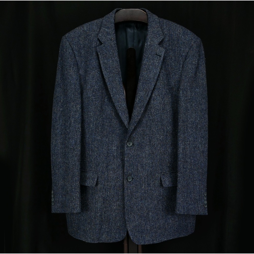 VTG Marshall Field's X Harris Tweed Sport Coat 46L Blue Wool Mens Dark Academia